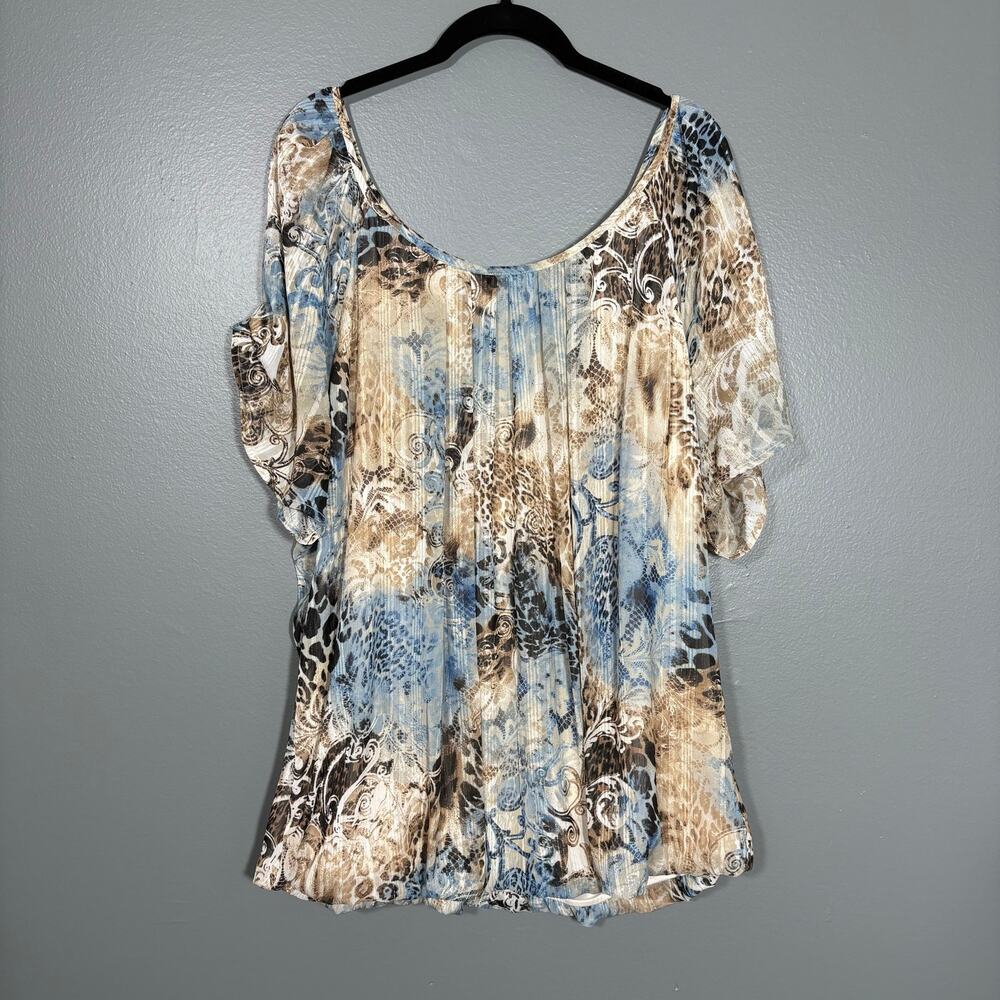 Roz & Ali Blue & Tan Fairy Top Metallic Flowy Peasant - 3X - Women's Plus Size
